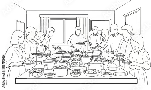 People gather around a long table laden with dishes for a celebratory feast