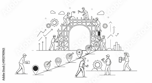 People constructing an archway with growth charts and progress markers