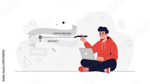 Man creating content with laptop and pen, abstract illustration for digital marketing