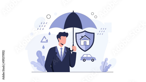 Man holding umbrella protecting house and car from rain, insurance concept