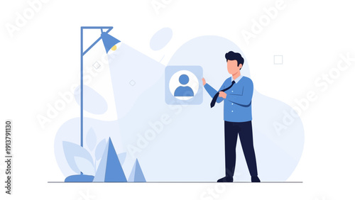 Man in Suit Adjusting Profile Picture Under Spotlight, Recruitment, HR