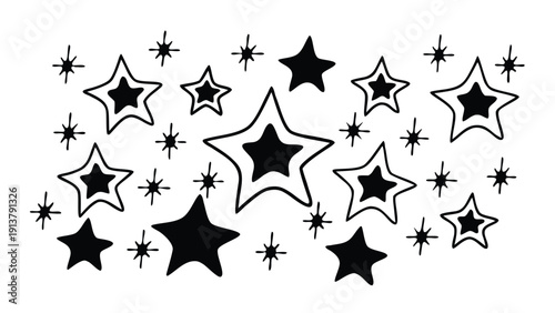 Hand drawn black and white collection of various cute twinkling star shapes scattered across canvas.