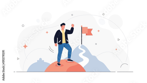 Man on Mountain Peak with Flag - Achieving Goals and Success Concept