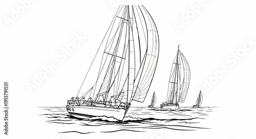 Several sailboats race across a wavy ocean under full sail