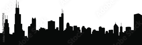 Black city skyline silhouette vector with modern skyscrapers and downtown buildings, panoramic urban landscape design, isolated on white background for architecture and business themes.
