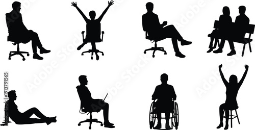 Business people silhouette set, office workers sitting on chair and wheelchair, different poses of men and women, full length vector illustration isolated