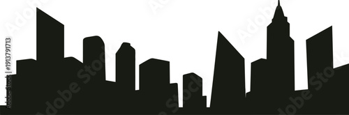 Black city skyline silhouette with modern skyscrapers and high-rise buildings isolated on white background, panoramic downtown cityscape outline, minimal urban architecture vector illustration design.