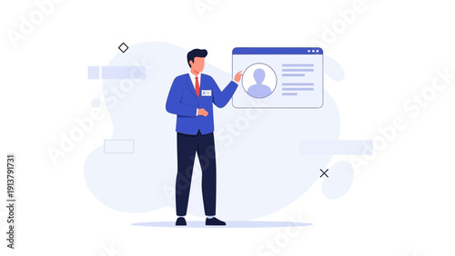 Man presenting online profile page on digital screen, business concept illustration