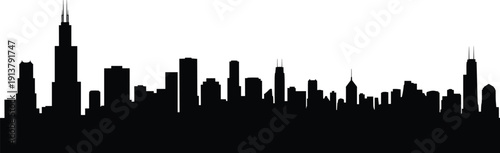 Black city skyline silhouette vector illustration with modern skyscrapers and downtown buildings, panoramic urban cityscape design, isolated on white background for architecture projects.