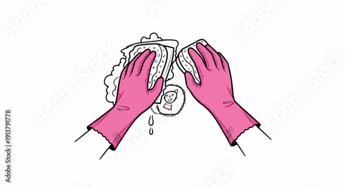 Pink gloved hands scrubbing with sponges in soapy water near a drawing