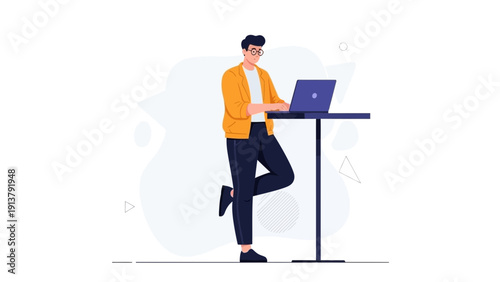 Man Standing at Standing Desk with Laptop, Modern Office Work Illustration