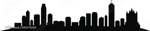 Black city skyline silhouette with modern skyscrapers and urban buildings isolated panoramic downtown cityscape outline, minimal architecture vector illustration for business branding.