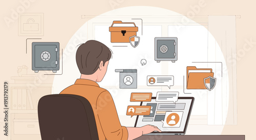 Illustration of a man sitting at a desk working on a laptop with various file icons floating around him in a modern office setting with a light color palette.