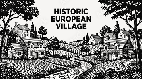historic european village rural landscape with stone houses across cobblestone countryside settlement along curved road and distant horizon showing traditional community architecture