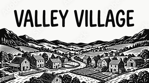 valley village rural landscape with clustered houses across green countryside settlement beside winding road and mountain horizon showing traditional community architecture