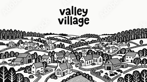 valley village rural landscape with clustered houses black and white across green countryside settlement beside winding road and mountain horizon showing traditional community architecture