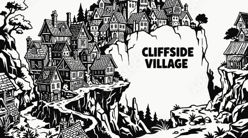 cliffside village rural landscape with stacked houses along rocky countryside settlement above coastal road and distant horizon showing traditional community architecture environment