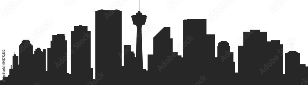 Obraz premium Calgary Alberta skyline silhouette with downtown skyscrapers and Calgary Tower isolated on white background, modern urban cityscape panorama illustration for travel, business, tourism.