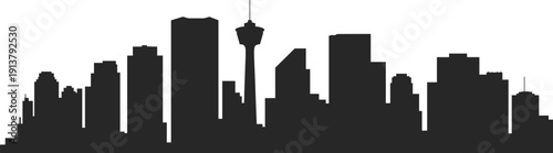 Calgary Alberta skyline silhouette with downtown skyscrapers and Calgary Tower isolated on white background, modern urban cityscape panorama illustration for travel, business, tourism.