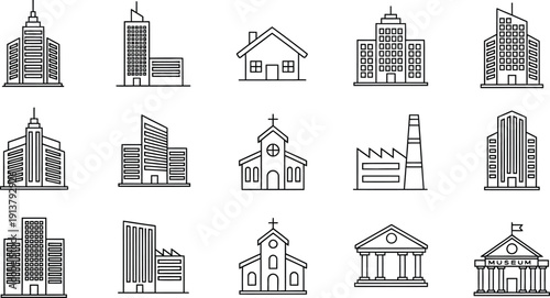 Architectural Array: An assortment of architectural structures, depicted in a streamlined, minimalist style that captures the essence of modern design and urban landscapes.