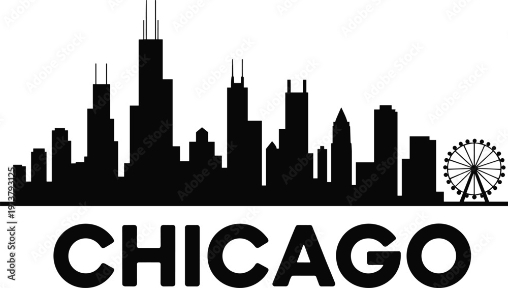 Naklejka premium Chicago city skyline silhouette vector illustration with modern skyscrapers and Navy Pier Ferris wheel, bold Chicago text, isolated on white background for travel branding.