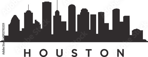 Houston city skyline silhouette vector illustration with modern skyscrapers and bold Houston typography text, panoramic urban cityscape design, isolated on white background for travel branding.