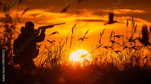 Bird Hunting Silhouette. Silhouette of a hunter aiming at birds against an evening sunset.