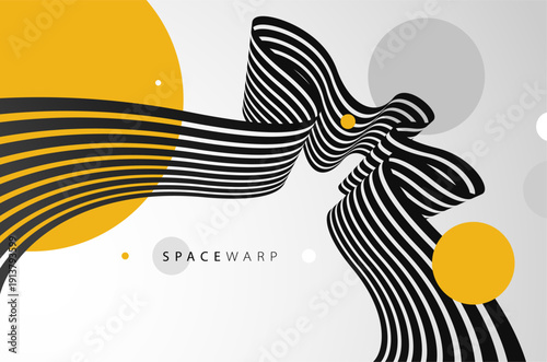 Vector abstract background with curve lines in 3D perspective and bright yellow circles, road look like tape with stripes, dynamic speed and motion.