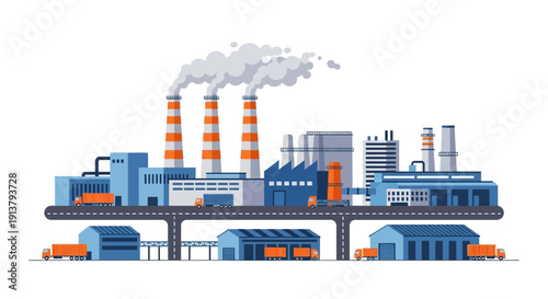 Industrial factory complex with smokestacks emitting smoke on a bridge against a white background