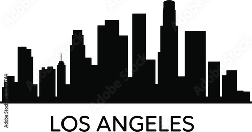 Los Angeles skyline silhouette with modern skyscrapers isolated on white background, California downtown cityscape outline vector illustration with typography text, minimal urban architecture design.