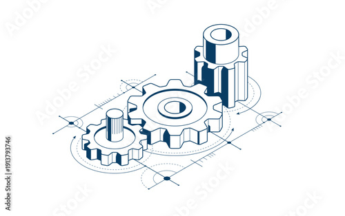 Mechanical engineering concept, gears and cogs with project drawing draft isometric 3D vector illustration, cogwheels system technology and technics machinery engine.