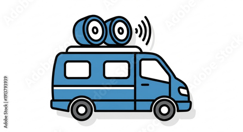 Blue Camper Van with Speakers on Roof, Cartoon Style, Isolated on White