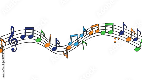 Musical notes flowing across the page in a creative illustration of sound and rhythm