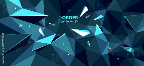 Order and chaos vector abstract background, 3D dark black and bright blue low poly polygonal surface with decay broken particles debris in motion.