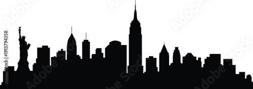 New York City skyline silhouette with Statue of Liberty and Empire State Building isolated on white background, modern Manhattan cityscape panorama illustration for travel, tourism, and business.