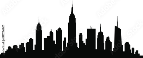 New York City skyline silhouette with Empire State Building isolated on white background, modern Manhattan downtown skyscrapers panorama illustration for travel, business, architecture
