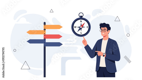 Man with Compass and Direction Signpost, Decision Making, Business Strategy, Choice