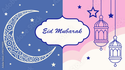 A festive eid mubarak illustration features a crescent moon shining stars a mosque and ornate floral designs in pink and blue hues high-quality professional detailed

