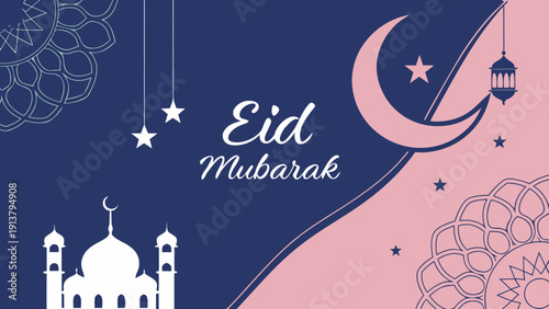 A festive eid mubarak illustration features a crescent moon shining stars a mosque and ornate floral designs in pink and blue hues high-quality professional detailed

