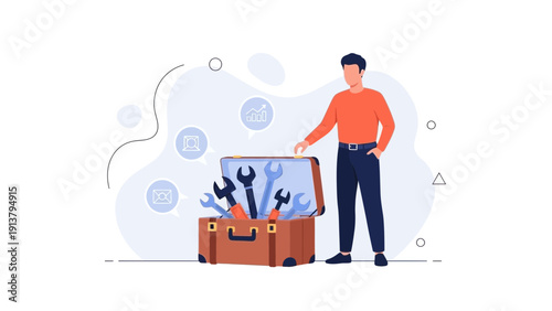 Man with Toolbox, Tools, Repair, Maintenance, Business Concept, Flat Design