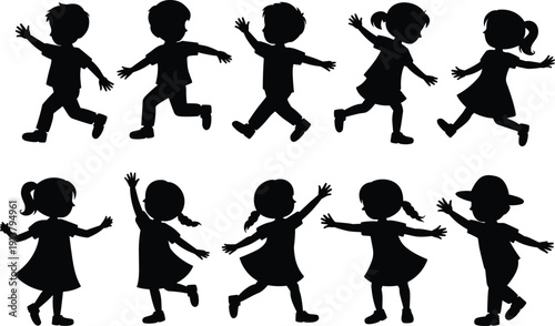 Happy children silhouettes set, cute boys and girls running and playing in joyful poses, kids activity vector illustration isolated on white background