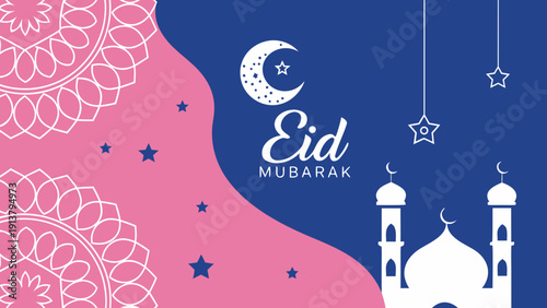 A festive eid mubarak illustration features a crescent moon shining stars a mosque and ornate floral designs in pink and blue hues high-quality professional detailed

