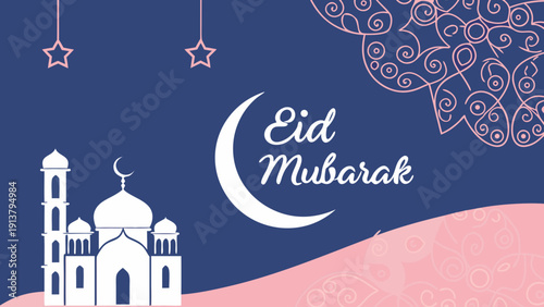 A festive eid mubarak illustration features a crescent moon shining stars a mosque and ornate floral designs in pink and blue hues high-quality professional detailed


