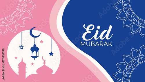 A festive eid mubarak illustration features a crescent moon shining stars a mosque and ornate floral designs in pink and blue hues high-quality professional detailed


