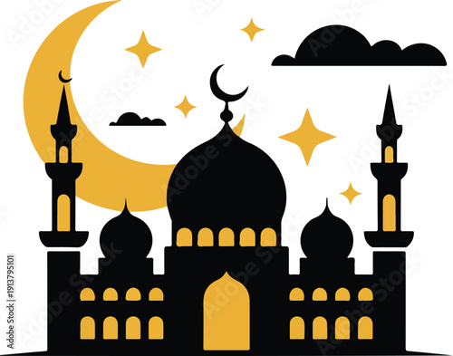 Islamic mosque silhouette with crescent moon and stars vector illustration, Ramadan celebration theme, night sky background