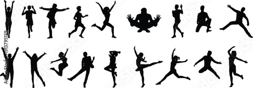 Happy jumping people silhouettes set, energetic men and women celebrating in dynamic action poses, party and dance vector illustration isolated on white background