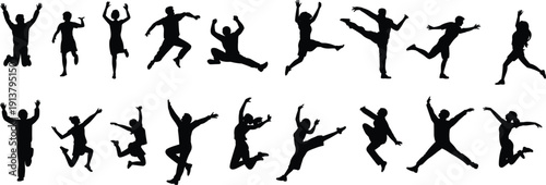 Jumping people silhouettes collection, happy men and women celebrating in dynamic poses, energetic action figures vector illustration isolated on white background