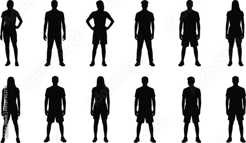 Men and women silhouette collection, standing male and female figures in different poses, full length human body vector illustration isolated on white