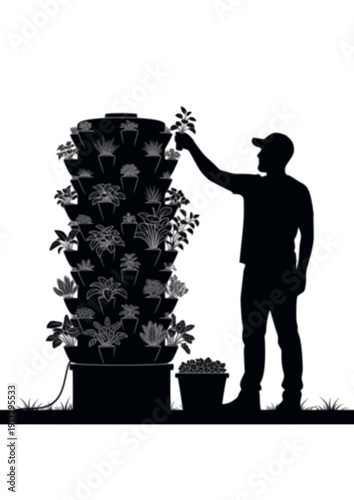Urban farmer harvesting vertical hydroponic garden sustainable food silhouette vector