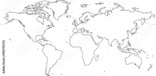 Global map illustration featuring continents and oceans in a simple line art style viewed from a direct overhead perspective